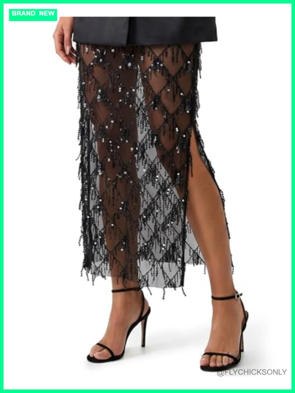 Sequin Fringe Sheer Midi Skirt Split Hem Sparkly Pencil Party
